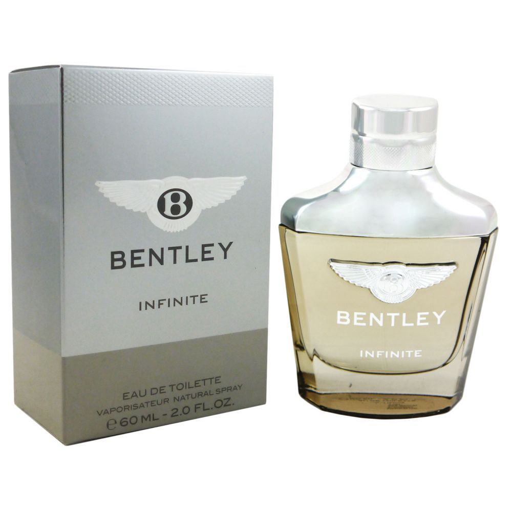 Clear glass bottle with a silver cap, featuring the Bentley logo and "Infinite" label, alongside a sleek silver box, all showcasing a luxurious design.