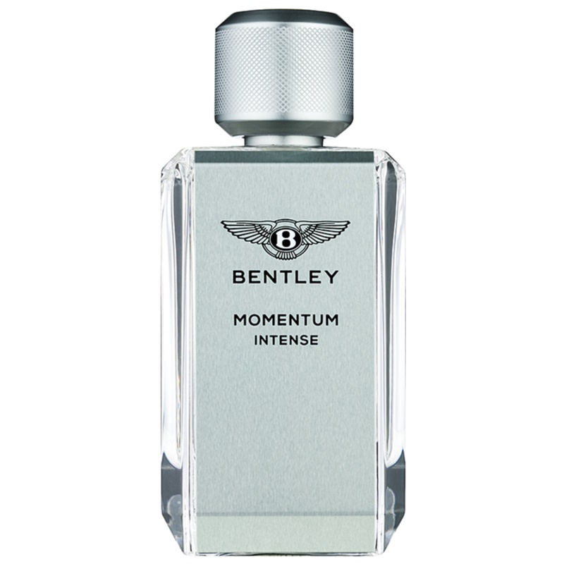 Clear glass bottle with a sleek design, featuring a silver cap and a silver label that reads "BENTLEY MOMENTUM INTENSE," showcasing the luxury fragrance inside.