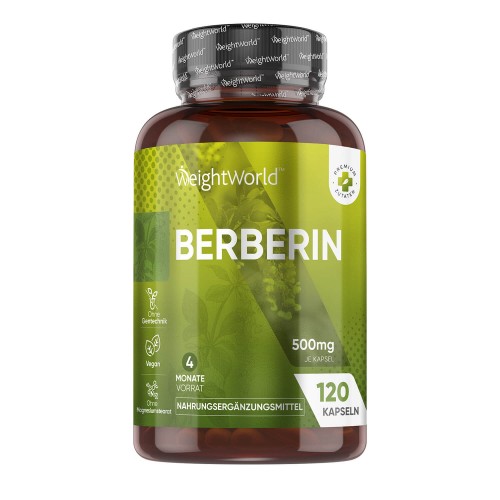 Dark amber bottle with a green label featuring "Berberine" in bold white text, containing 120 capsules, highlighting natural wellness and vegan certification.