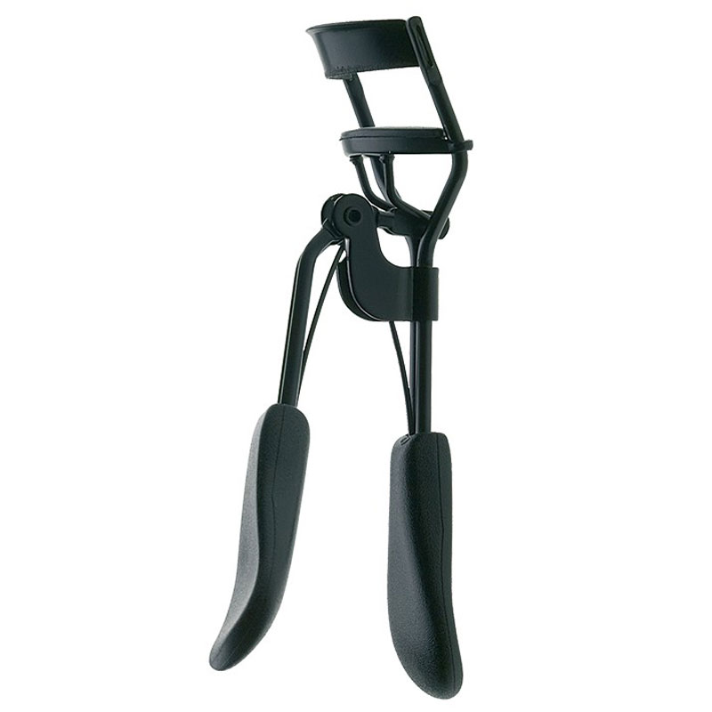 Black automatic eyelash curler with a sleek design, featuring soft rubber grips for comfort and a spring-loaded mechanism for easy curling.