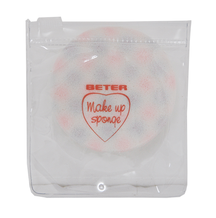BETER KONJAC Facial Cleansing FOAM in a clear pouch, featuring a round, multicolored sponge with a heart design that reads "Make up Sponge" in red.