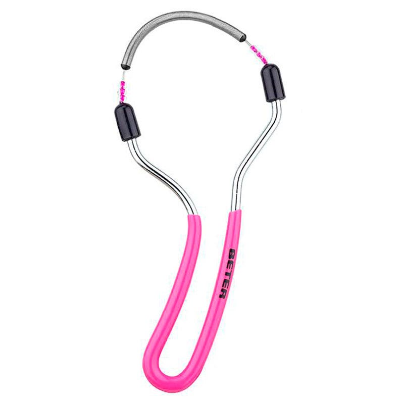Beter Facial Hair Remover in pink with a flexible, U-shaped design, featuring metal wires and black rubber grips for easy handling.