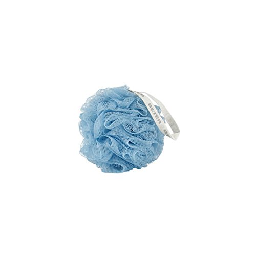 Light blue mesh sponge with a textured, fluffy design and a silver hanging loop, ideal for exfoliating skin during bathing.