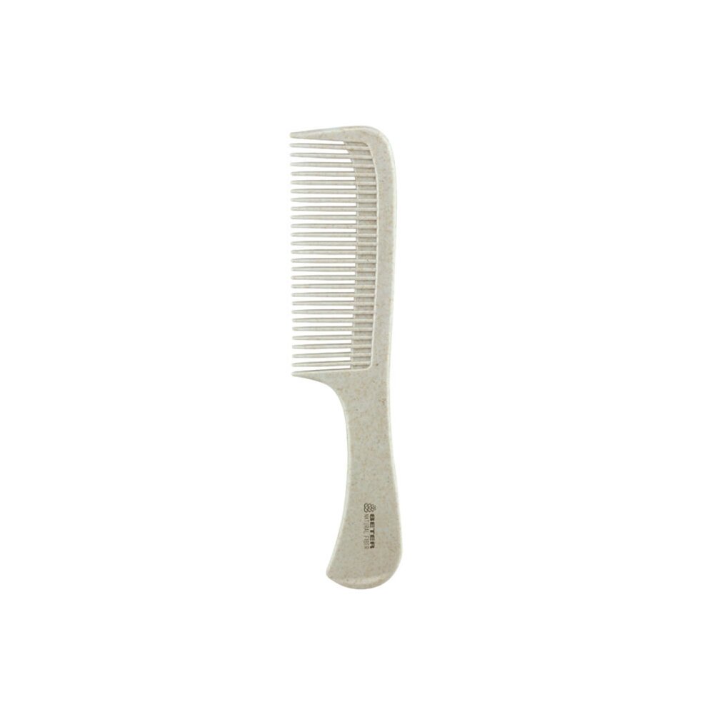 Beige fiber comb with a smooth handle and fine-toothed design, made from natural materials, featuring a textured grip for easy handling.