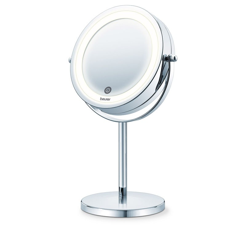 Round cosmetic mirror with a chrome finish, featuring an adjustable stand and built-in LED lighting around the edge for enhanced visibility.