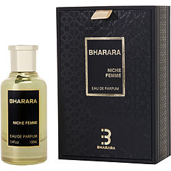 Clear glass bottle with a gold cap, containing Bharara Niche Femme Eau De Parfum, alongside a sleek black box featuring gold accents and the brand name prominently displayed.