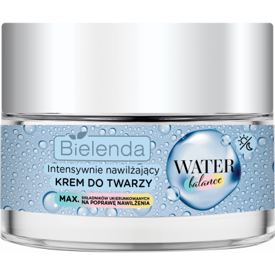 Bielenda Water Balance Intense Moisturizing Cream in a 50ml clear jar with a silver lid, featuring a blue label adorned with water droplets and the product name in bold.