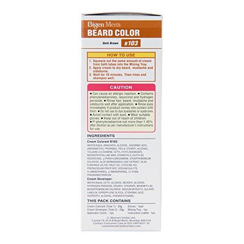 Bigen Men's Beard Colour in Dark Brown B103, featuring a cream colorant and developer, with usage instructions and cautionary details on the packaging.