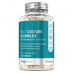 Clear plastic bottle containing 60 white vegan capsules, labeled "Bio Culture Complex" with 77 Billion CFU, featuring a turquoise and silver design and various certification icons.
