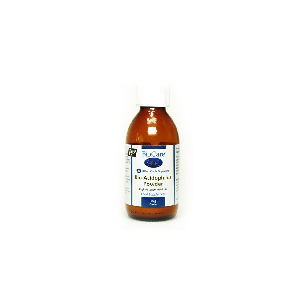 Brown glass bottle with a white cap, labeled "BioCare Bio-Acidophilus Powder 60g," featuring blue and black text on a white background.