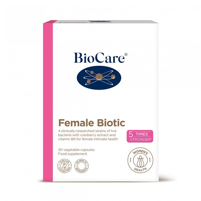 BioCare Female Biotic box in white with pink accents, featuring 30 vegetable capsules, highlighting benefits for women's health and containing cranberry extract and vitamin B6.