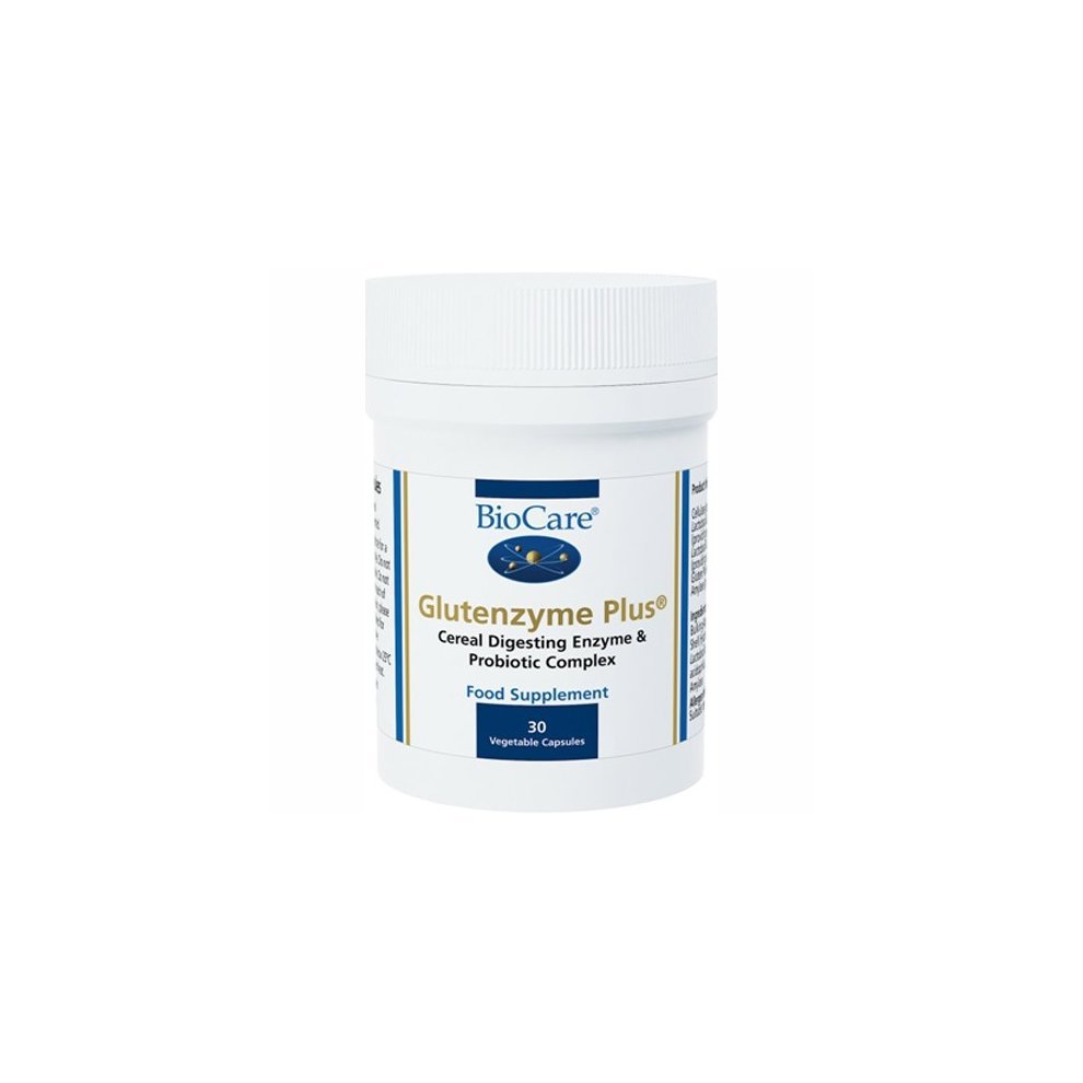 White cylindrical container with a blue label, featuring "BioCare" logo and "Glutenzyme Plus" text, holding 30 vegetable capsules for digestion support.