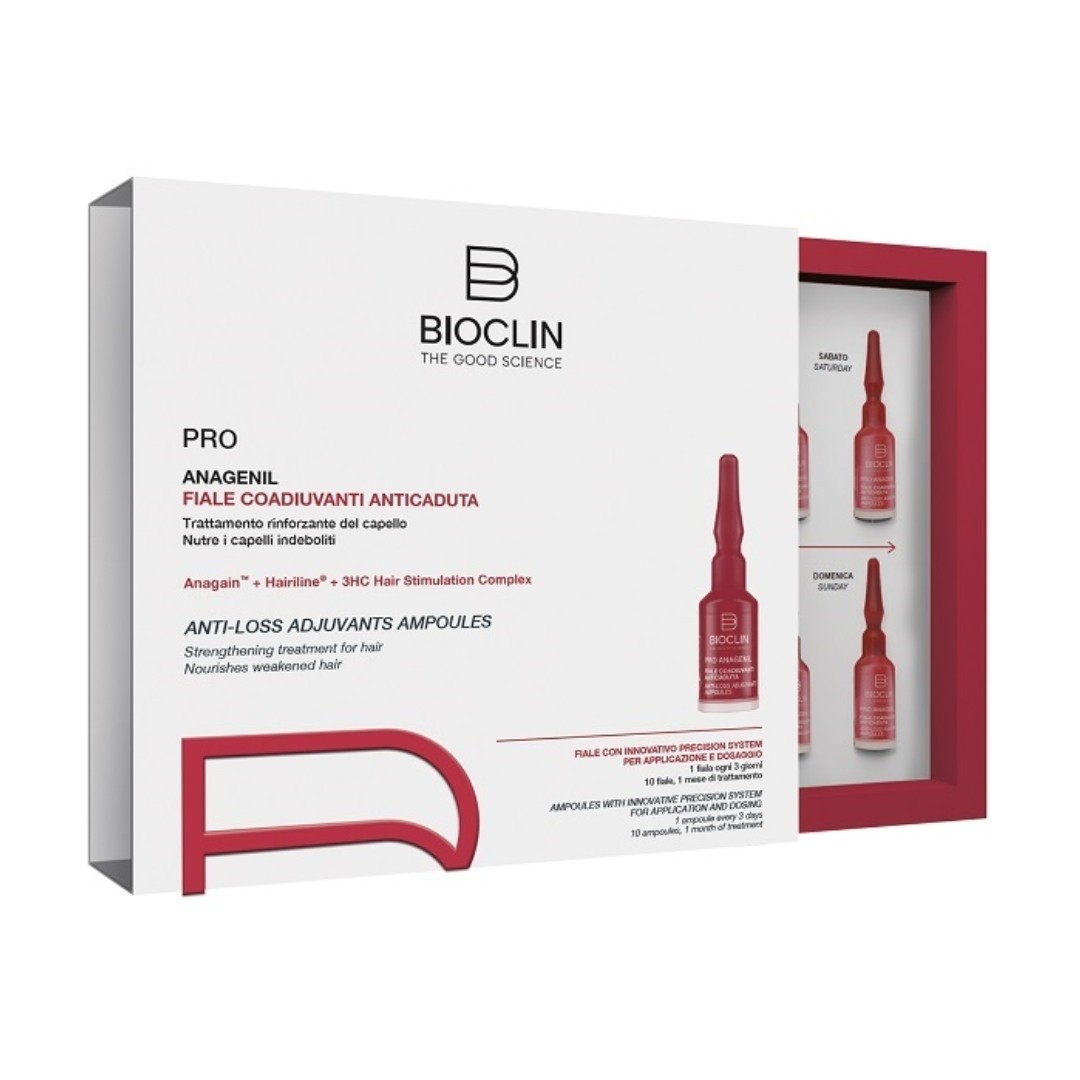 Red and white box containing ten 4ml ampoules of Bioclin Pro Anagenil anti-hair loss treatment, featuring a sleek design and clear labeling of product details.
