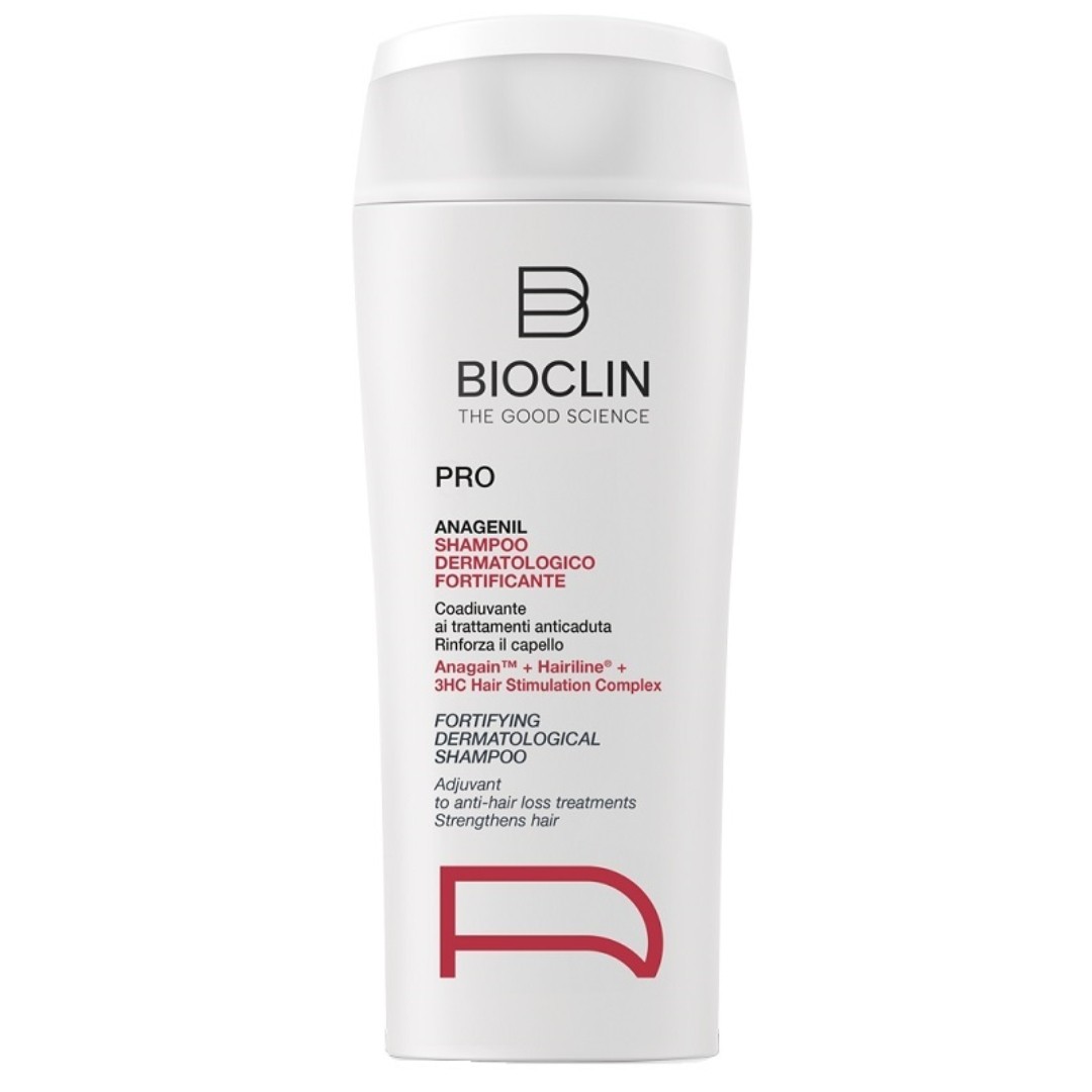 White shampoo bottle with a curved design, featuring a black logo, red accents, and text highlighting "Fortificante" and "200ml" for fragile hair treatment.