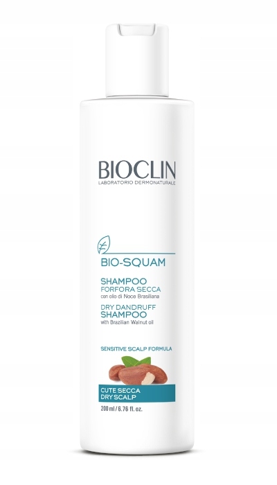 White bottle of Bioclin Bio-Squam Dry Dandruff Shampoo, 200ml, featuring a blue label with text highlighting its sensitive scalp formula and Brazilian walnut oil ingredient.