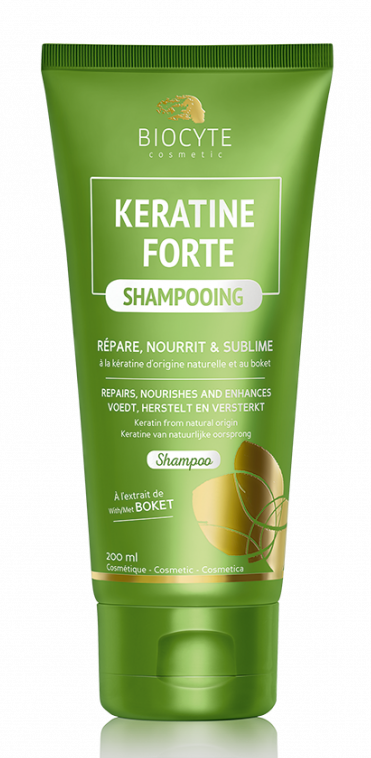 Green squeeze tube of Biocyte Keratina Forte shampoo, 200ml, featuring a sleek design with white text highlighting its nourishing and repairing properties.