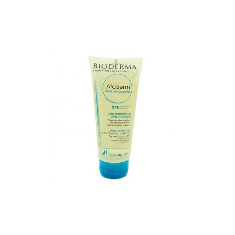 Bioderma Atoderm Shower Oil in a 100ml tube features a light blue and green design, highlighting its ultra-nourishing formula for dry skin.