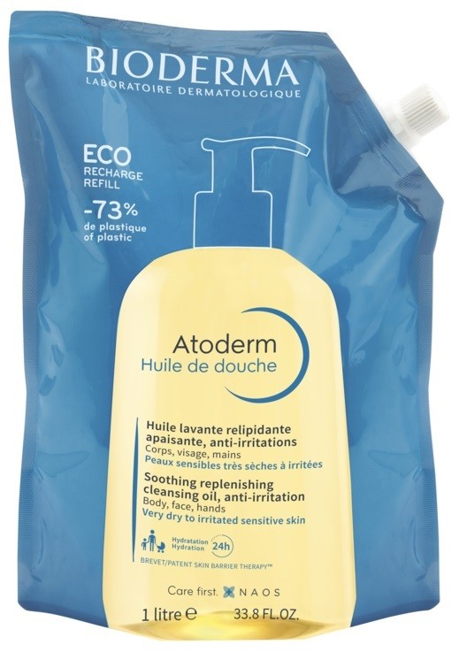 Eco-refill bag for Bioderma Atoderm Shower Oil, featuring a yellow and blue design, 1-liter capacity, and highlights soothing, replenishing properties for dry, irritated skin.