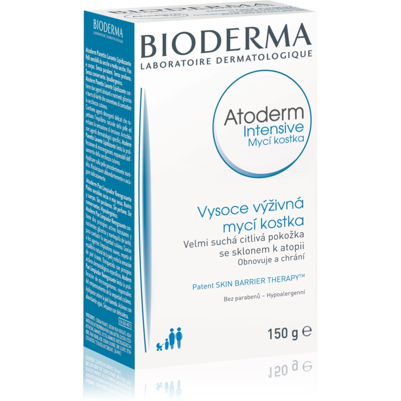 Bioderma Atoderm Pain Skin Cleanser in a blue and white box, featuring "Atoderm" prominently, labeled as 150 g, designed for very dry, sensitive skin with hypoallergenic properties.