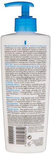 Bioderma Atoderm PP Ultra-Nourishing Emollient Balm in a 500ml white plastic bottle with a blue pump, featuring detailed product information on the back.
