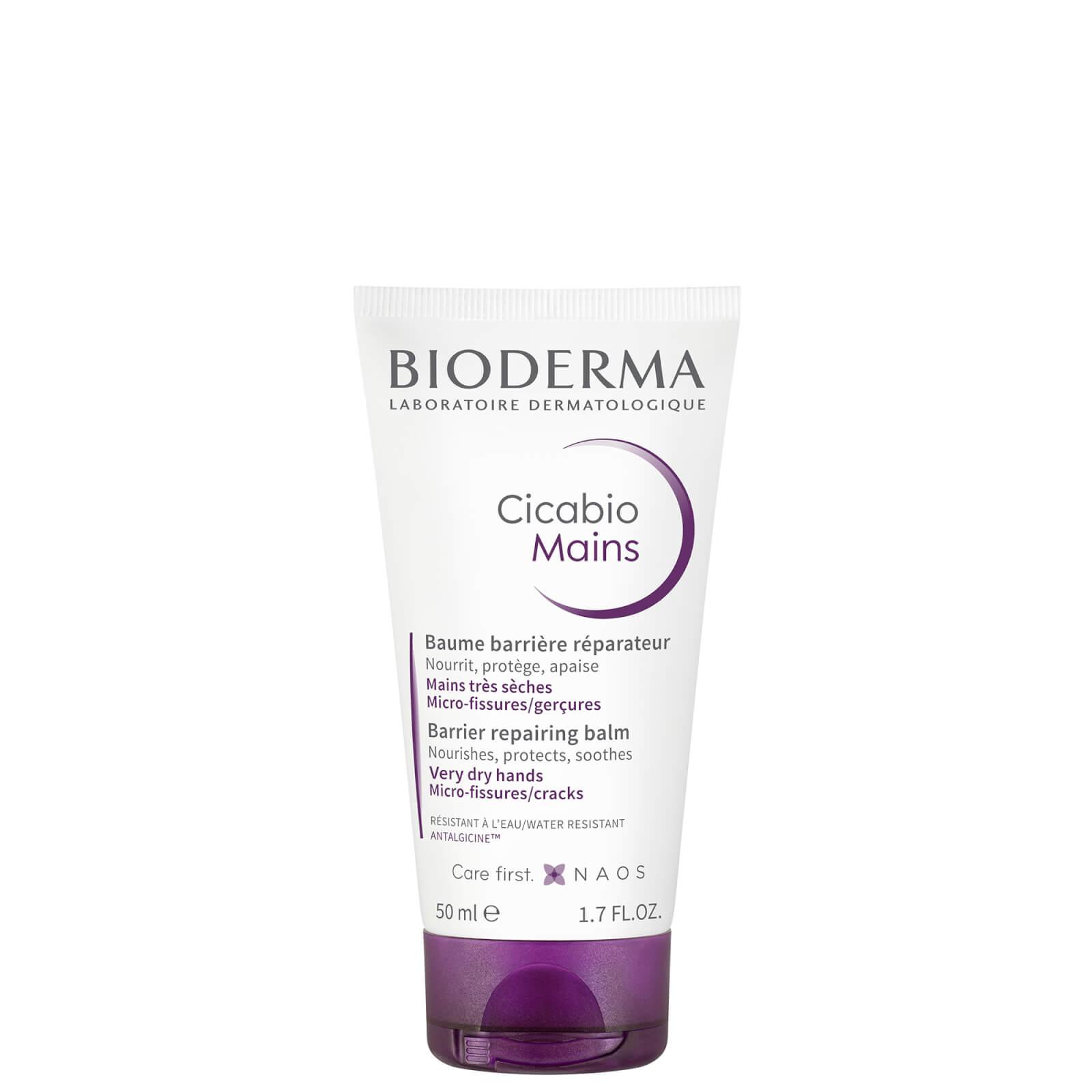 White tube with a purple cap, labeled "Bioderma Cicabio Mains," containing 50 ml of repairing barrier balm for dry, cracked hands, featuring soothing and nourishing properties.
