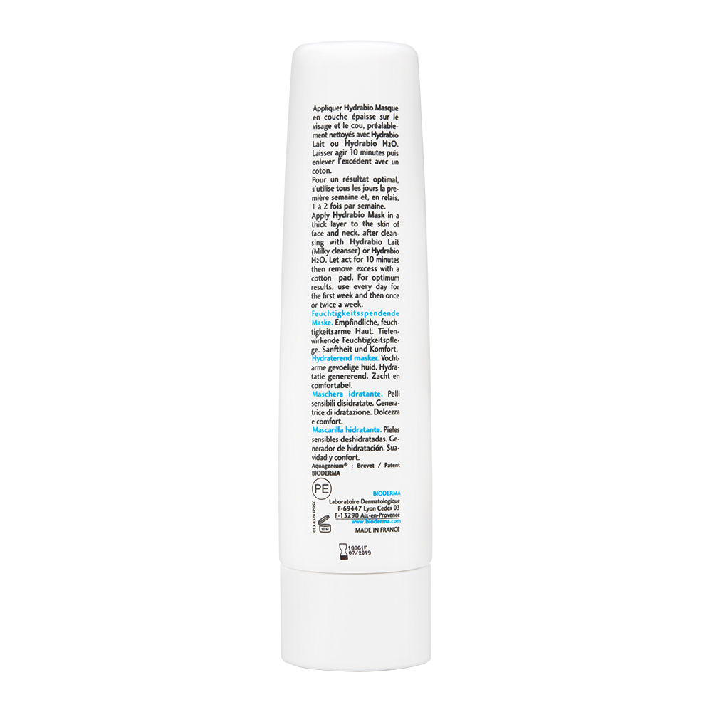White tube of Bioderma Hydrabio Face Mask, 75 ml, with blue and black text detailing hydrating benefits and usage instructions.