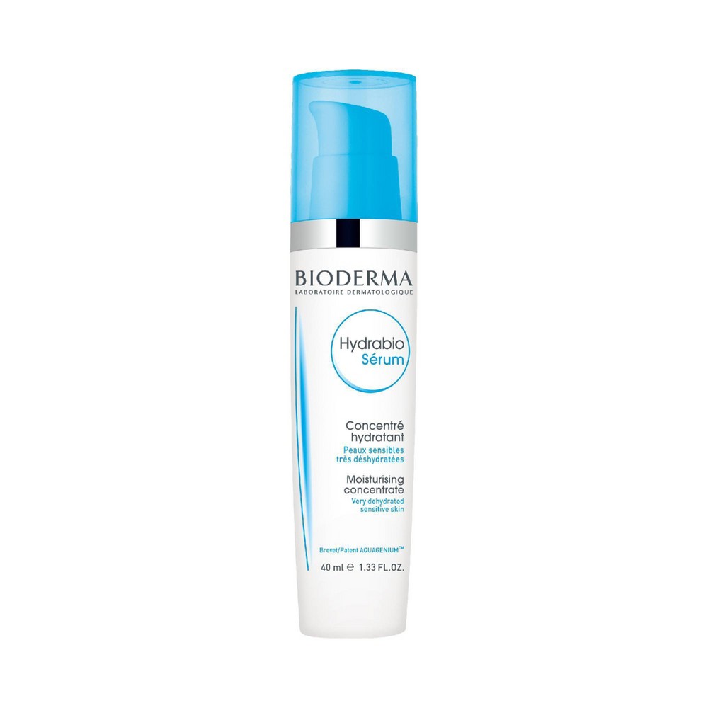 Clear plastic bottle with a turquoise pump, labeled "Bioderma Hydrabio Moisturising Serum," designed for dehydrated skin, containing 40ml of product.