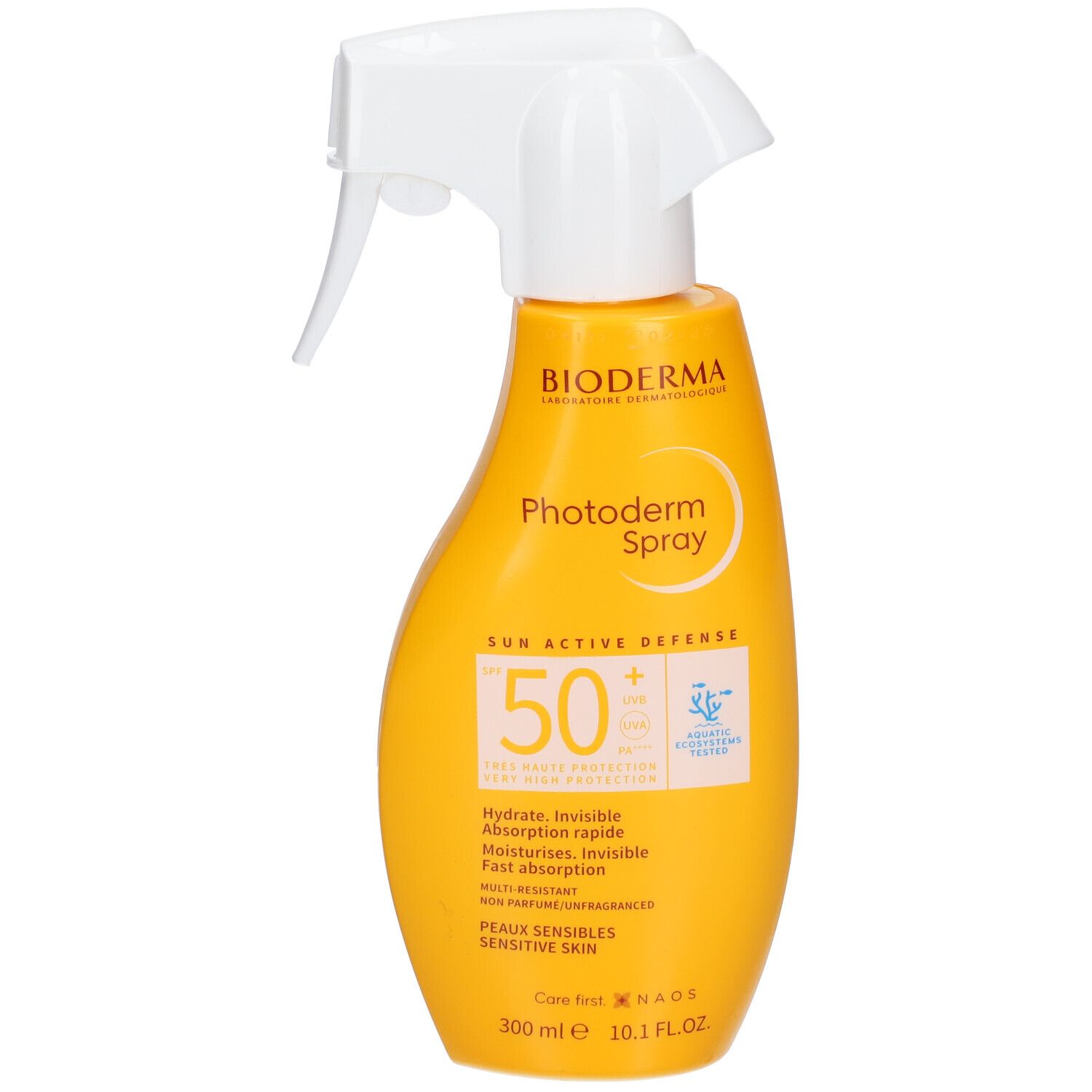 Bioderma Photoderm Spray SPF50 in a 300ml yellow bottle with a white spray nozzle, featuring sun protection details and claims for hydration and invisible absorption.