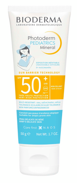 Bioderma Photoderm Kids Mineral SPF 50 sunscreen in a 50g white tube, featuring colorful graphics and key sun protection details, suitable for sensitive skin.
