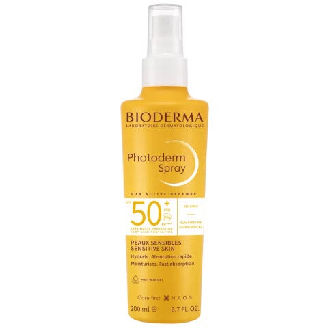 Bioderma Photoderm Invisible Spray SPF50+ in a bright yellow bottle, featuring a spray nozzle, labeled for sensitive skin, 200ml size, emphasizing fast absorption and hydration.
