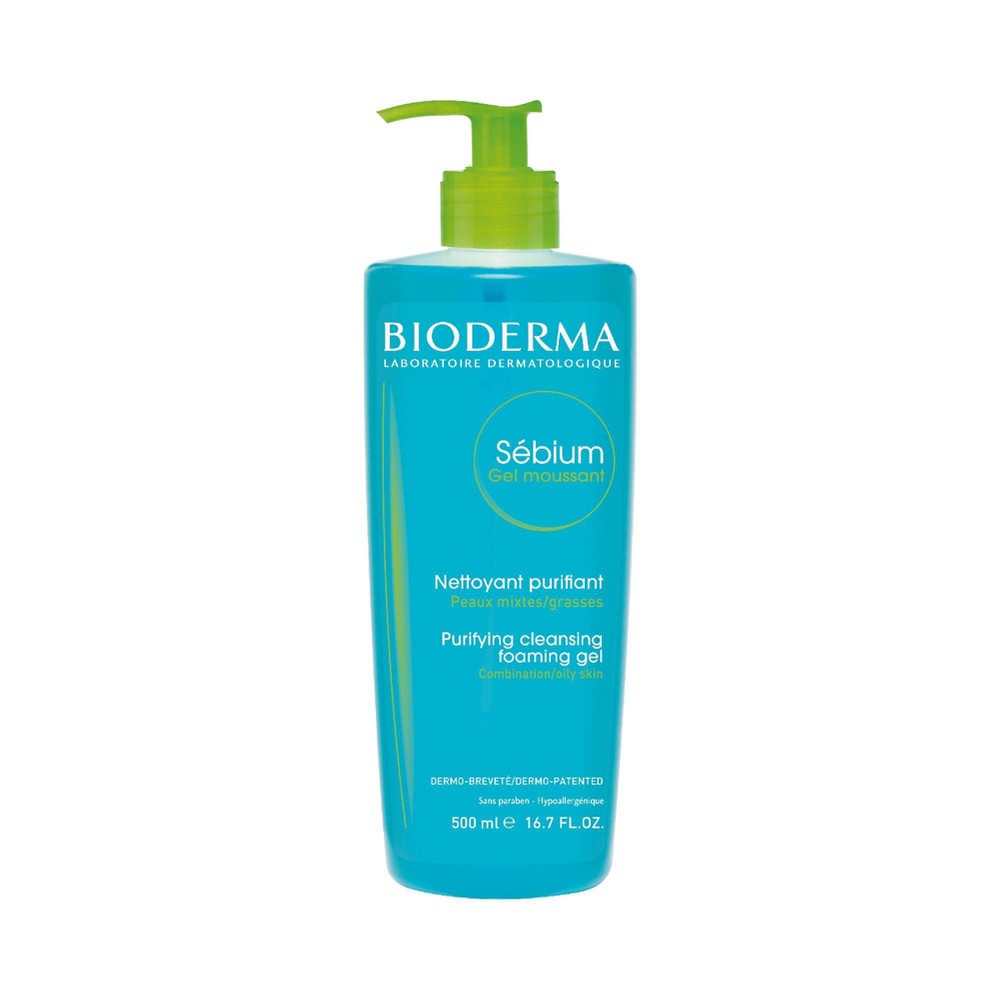 Bright turquoise bottle with a green pump, labeled "Bioderma Sébium Foaming Gel," 16.7 oz., featuring text in French and English about its purifying properties for oily skin.