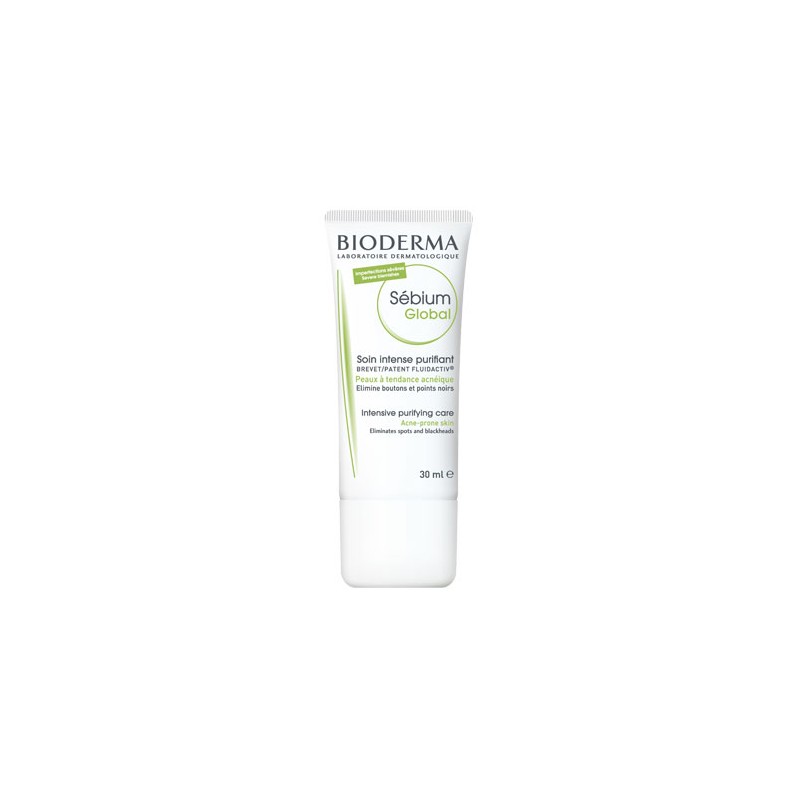 White tube with a green and white label, featuring "Bioderma Sébium Global" text, designed for acne-prone skin, containing 30 ml of intensive purifying care.