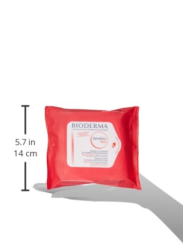 Red packaging of BIODERMA Sensibio H2O Wipes, 25 count, featuring a white label with product details and dimensions of 5.7 inches by 14 cm.