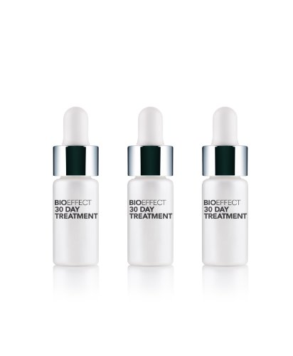 Three white glass dropper bottles with silver caps, each labeled "BIOEFFECT 30 DAY TREATMENT," arranged neatly against a plain background.