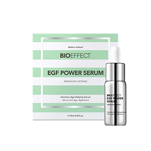 BIOEFFECT EGF Power Serum in a sleek silver bottle with a dropper, placed beside a green and white striped box, highlighting its firming and smoothing properties.
