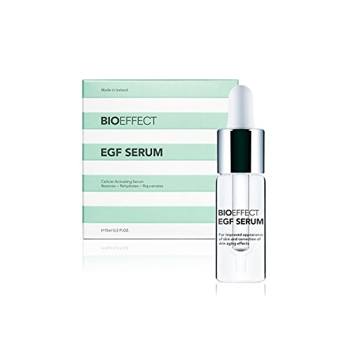 Clear glass dropper bottle with a silver cap, containing a light serum, beside a mint green and white striped box labeled "BIOEFFECT EGF SERUM, 15mL."