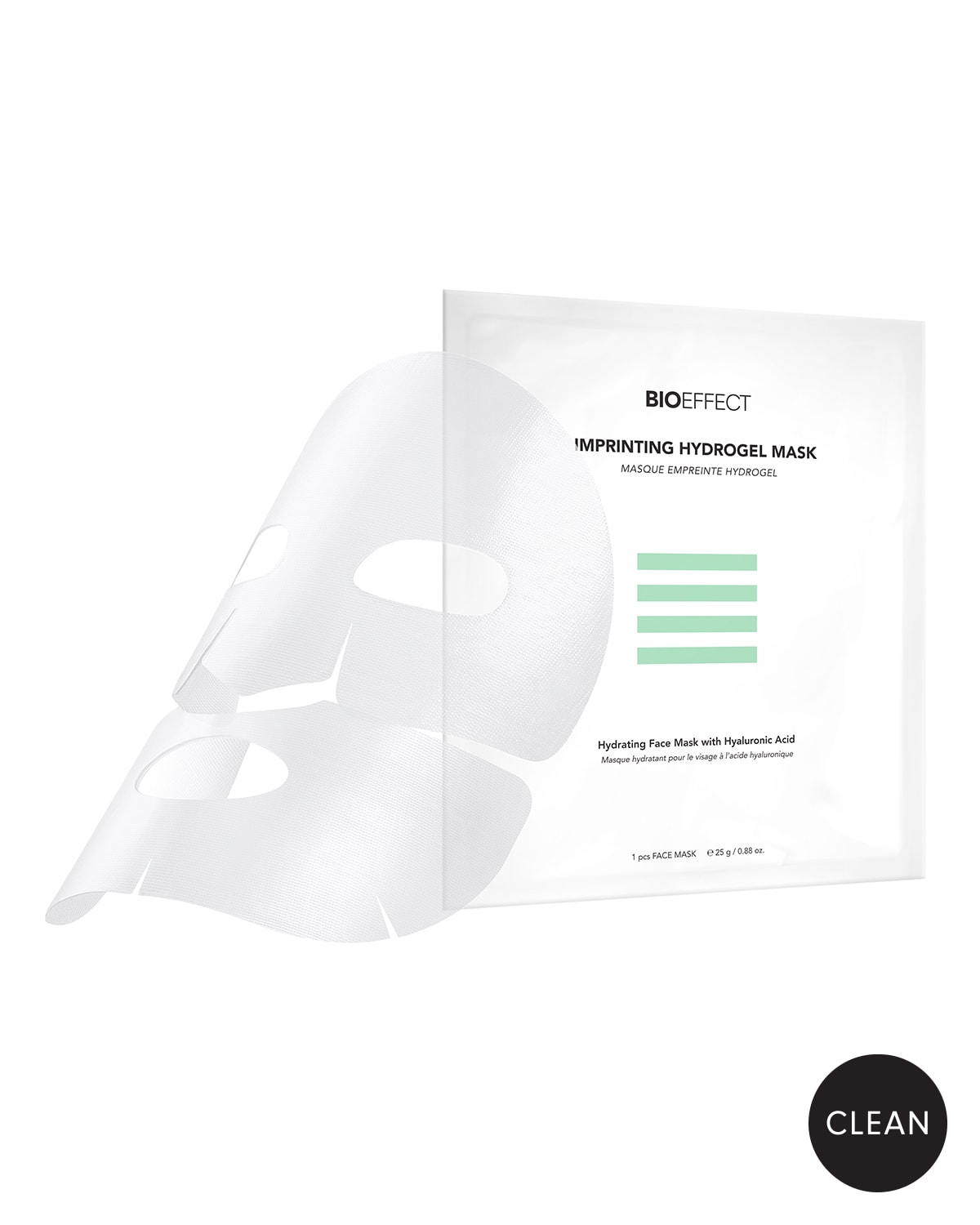White hydrogel face mask with cutouts for eyes, nose, and mouth, packaged in a sleek, minimalist white pouch featuring green stripes and the BIOEFFECT logo.