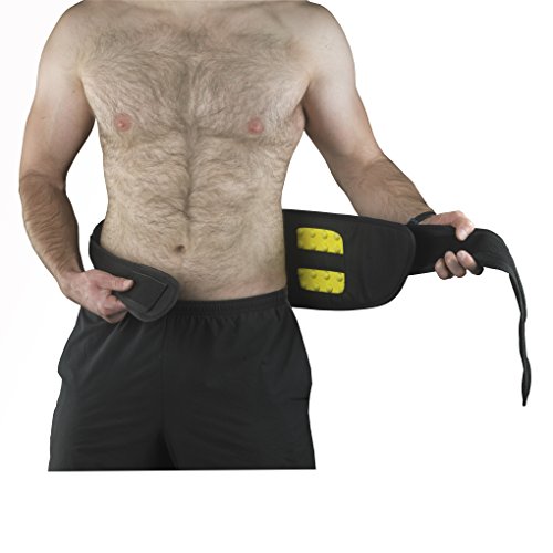 Black BioFeedbac™ Back Support Belt with yellow gel pads, adjustable strap, worn around the waist by a person with a muscular build, designed for lumbar support.