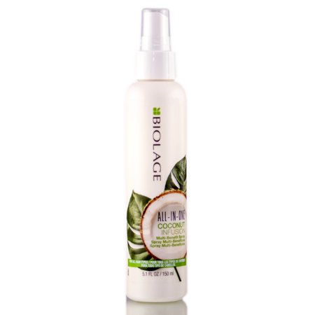 White spray bottle with a green and brown coconut graphic, featuring "Biolage" branding and "All-in-One Coconut Infusion Multi-Benefit Spray" label, 5.1 oz size.