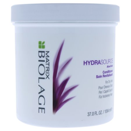 White container with a purple label, featuring "Matrix Biolage" and "HYDRASOURCE Conditioning Balm" text, designed for dry hair, 37 oz size, with aloe vera graphic.
