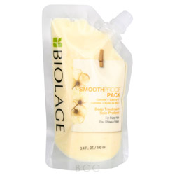 Biolage SmoothProof Deep Hair Treatment in a yellow, flexible pouch with a resealable top, designed for smoothing frizzy hair, contains 100ml of product.