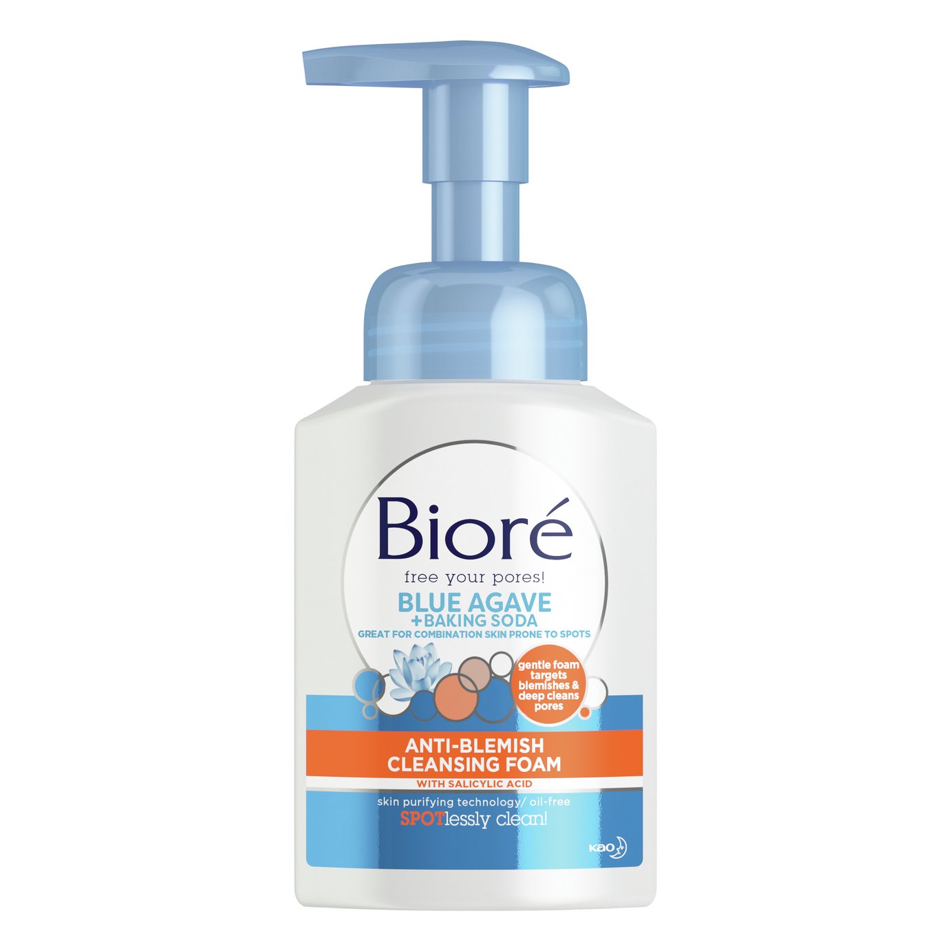 Bioré Baking Soda Anti Blemish Cleansing Foam in a white bottle with a blue pump, featuring a blue agave graphic and text highlighting its anti-blemish properties.