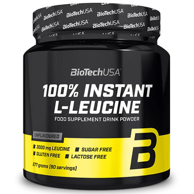 Black container with a yellow label, featuring "BioTechUSA 100% Instant L-Leucine" text, 277 grams, and details about being sugar-free, gluten-free, and unflavored.