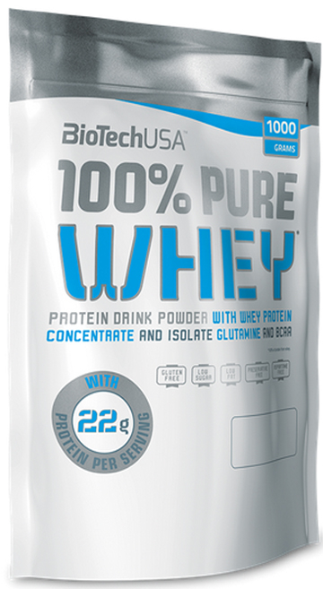 Silver and blue packaging of BioTechUSA's 100% Pure Whey protein powder in strawberry flavor, featuring 1000 grams, 22g protein per serving, and a clear label design.