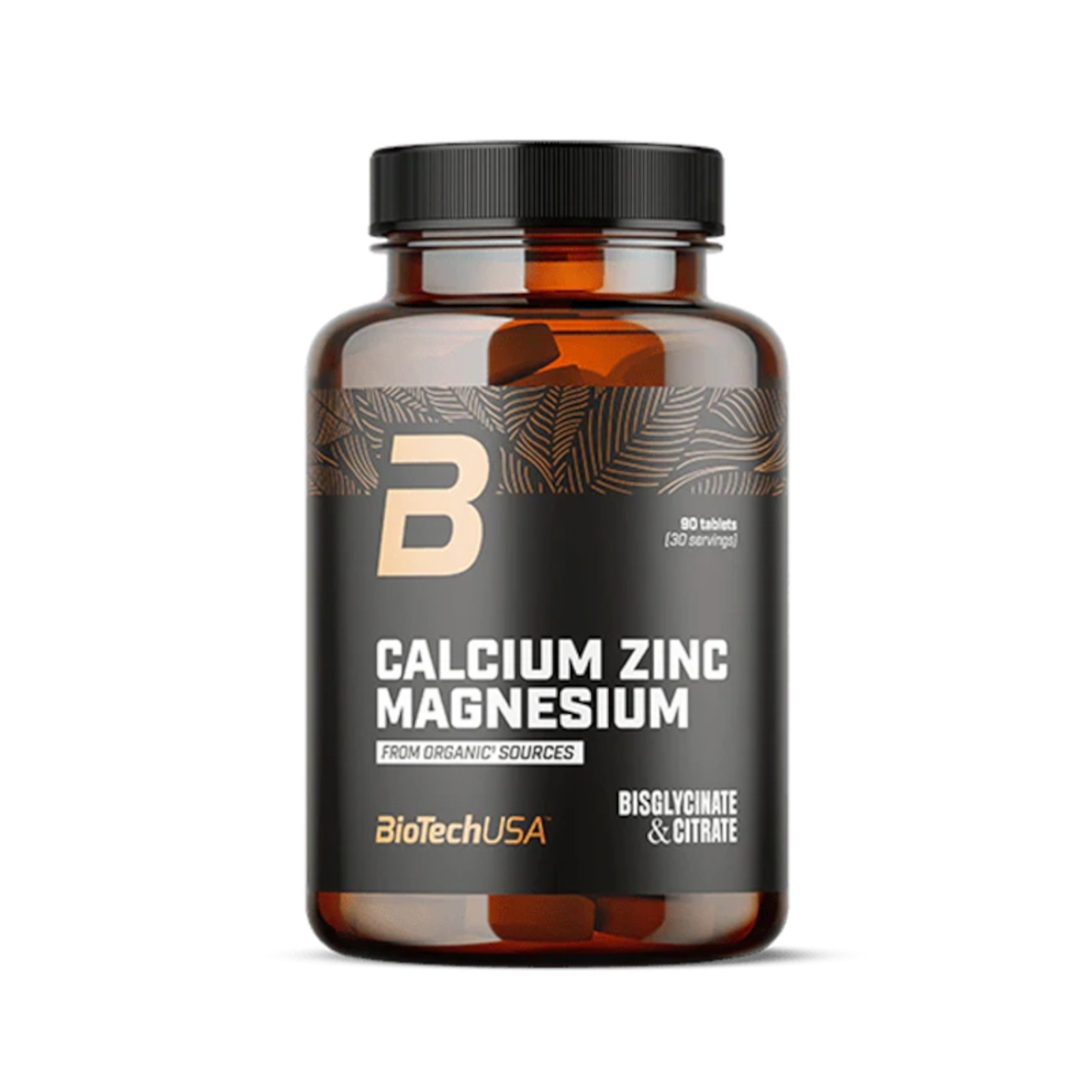 Brown glass bottle with a black label featuring white and gold text, labeled "Calcium Zinc Magnesium" and "BioTechUSA," containing 90 tablets.