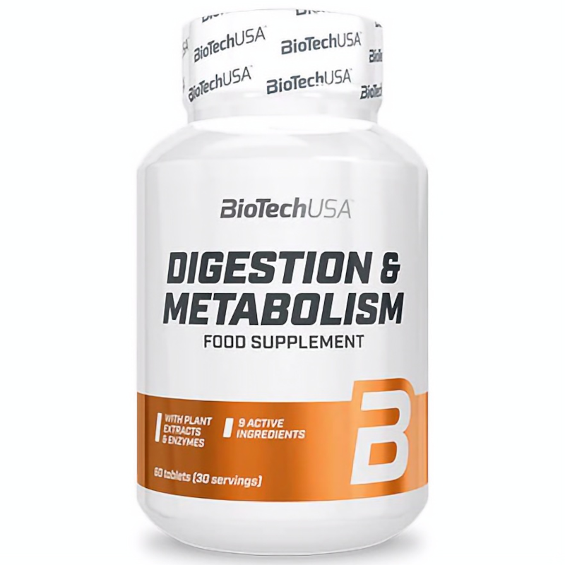 White bottle with a clear label featuring "Digestion & Metabolism" in bold black text, orange accents, and "BioTechUSA" logo, containing 60 tablets for digestive support.
