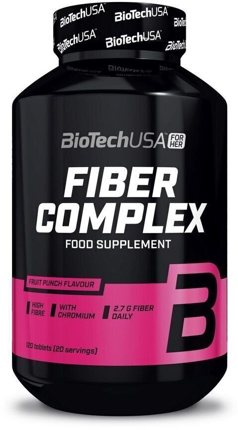 Black container with a pink label, featuring "BioTechUSA Fiber Complex" in bold white letters, labeled as a fruit punch flavored food supplement with 120 tablets.