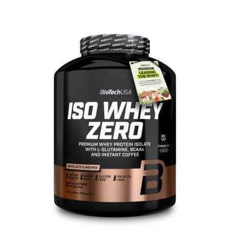 Black container of Iso Whey Zero by BioTechUSA, featuring a green label, 1816g capacity, and highlighting Caffe Latte flavor with details on protein content and ingredients.