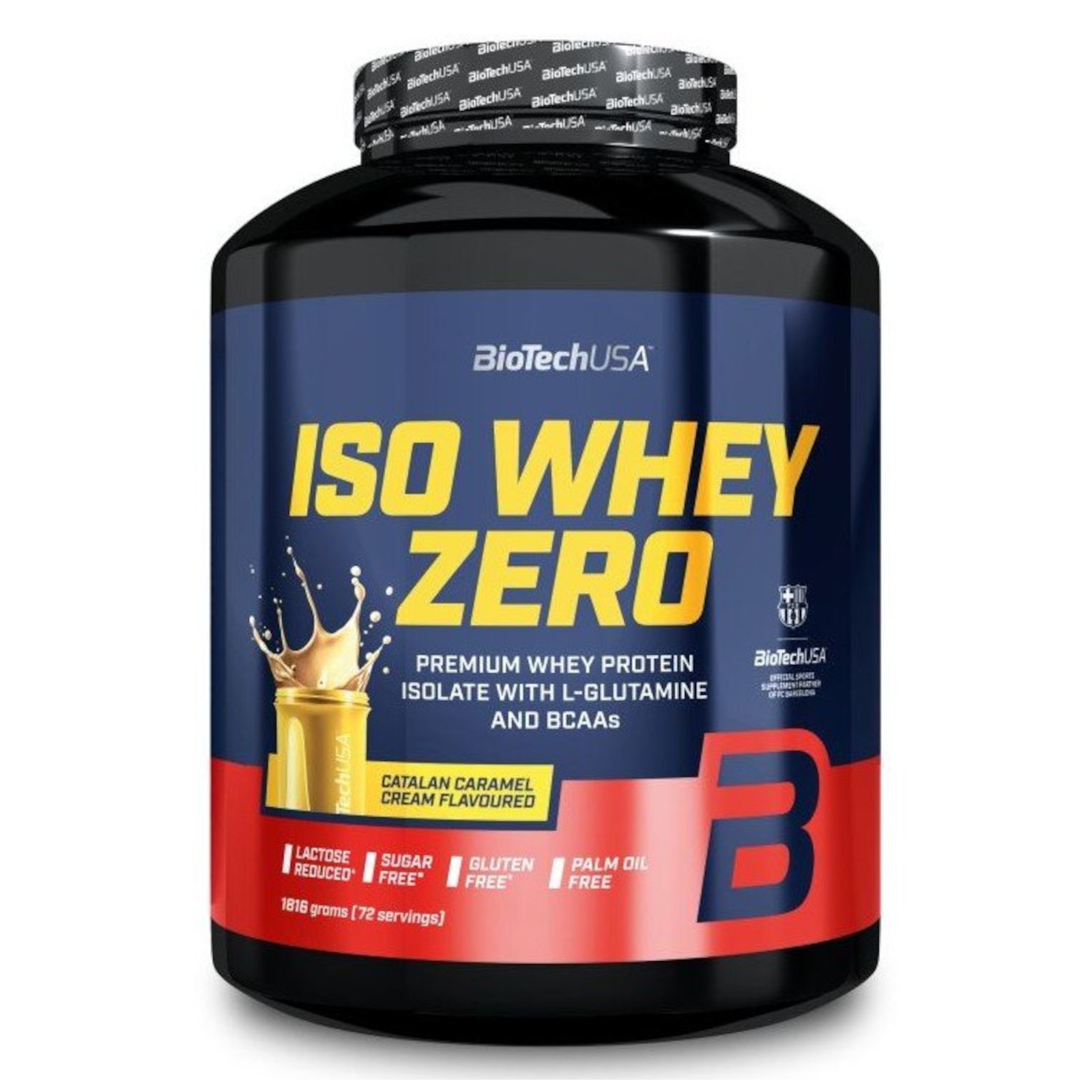Black and gold container of BioTechUSA Iso Whey Zero, featuring a caramel cream flavor, with a splash graphic and nutritional information on the label.
