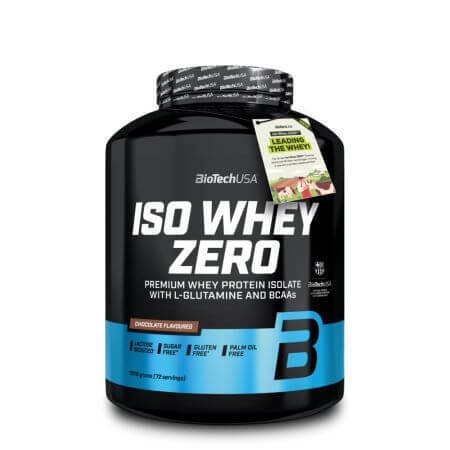 Black container of BioTechUSA Iso Whey Zero protein powder, 1816g, featuring a chocolate flavor label, with a green tag highlighting its sugar-free and gluten-free attributes.